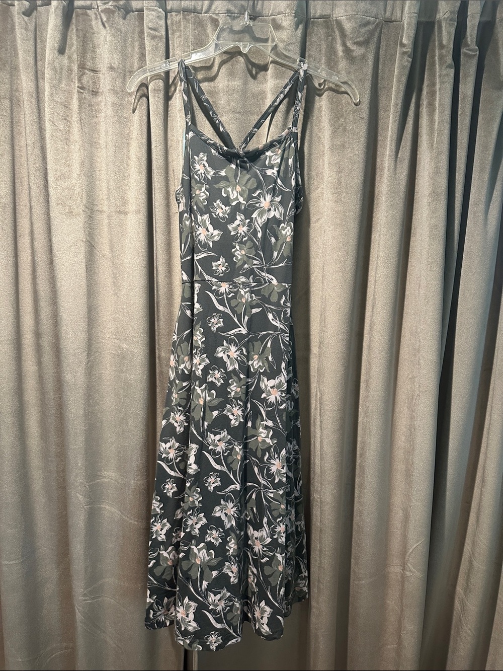 Floral Slip Midi Dress in Olive green with Pink Blooms